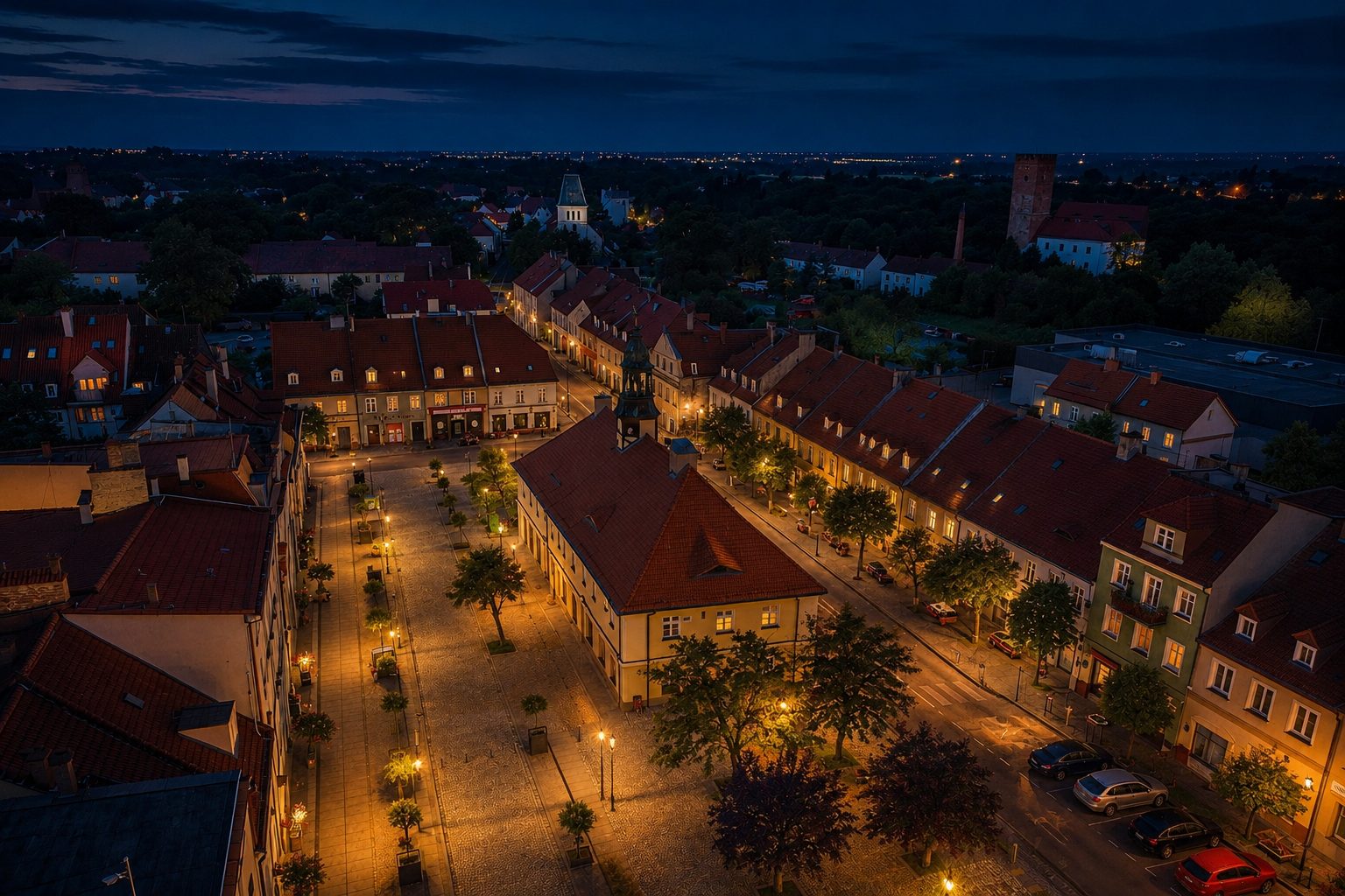 Prochowice at dusk - market square and town hall